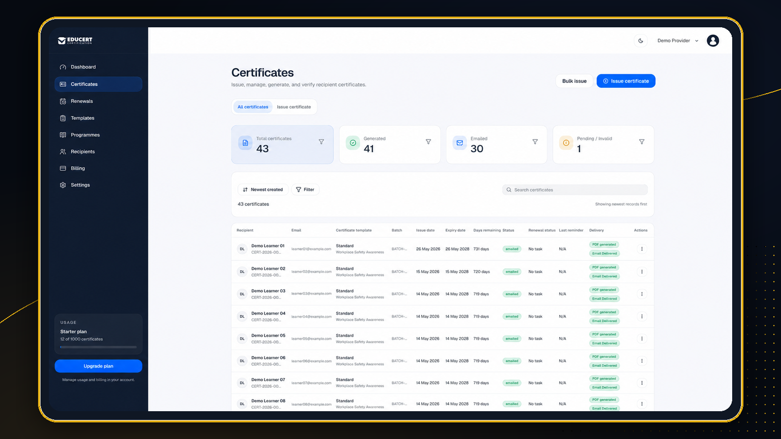 EDUCERT certificate register with status tracking, delivery records, expiry dates, and searchable certificate table
