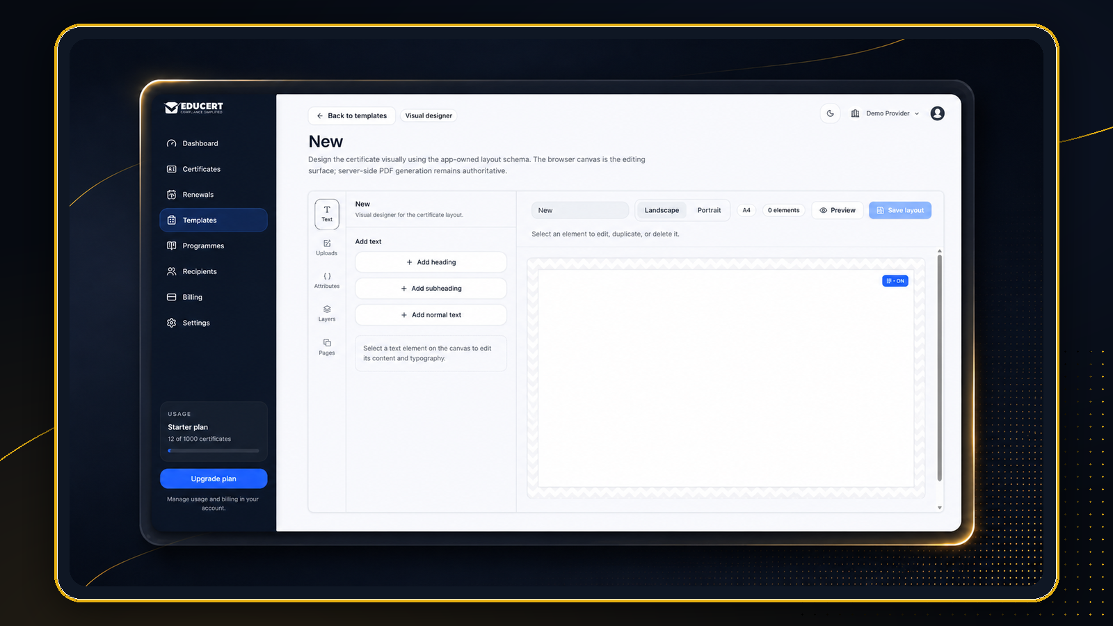 EDUCERT visual certificate template designer interface