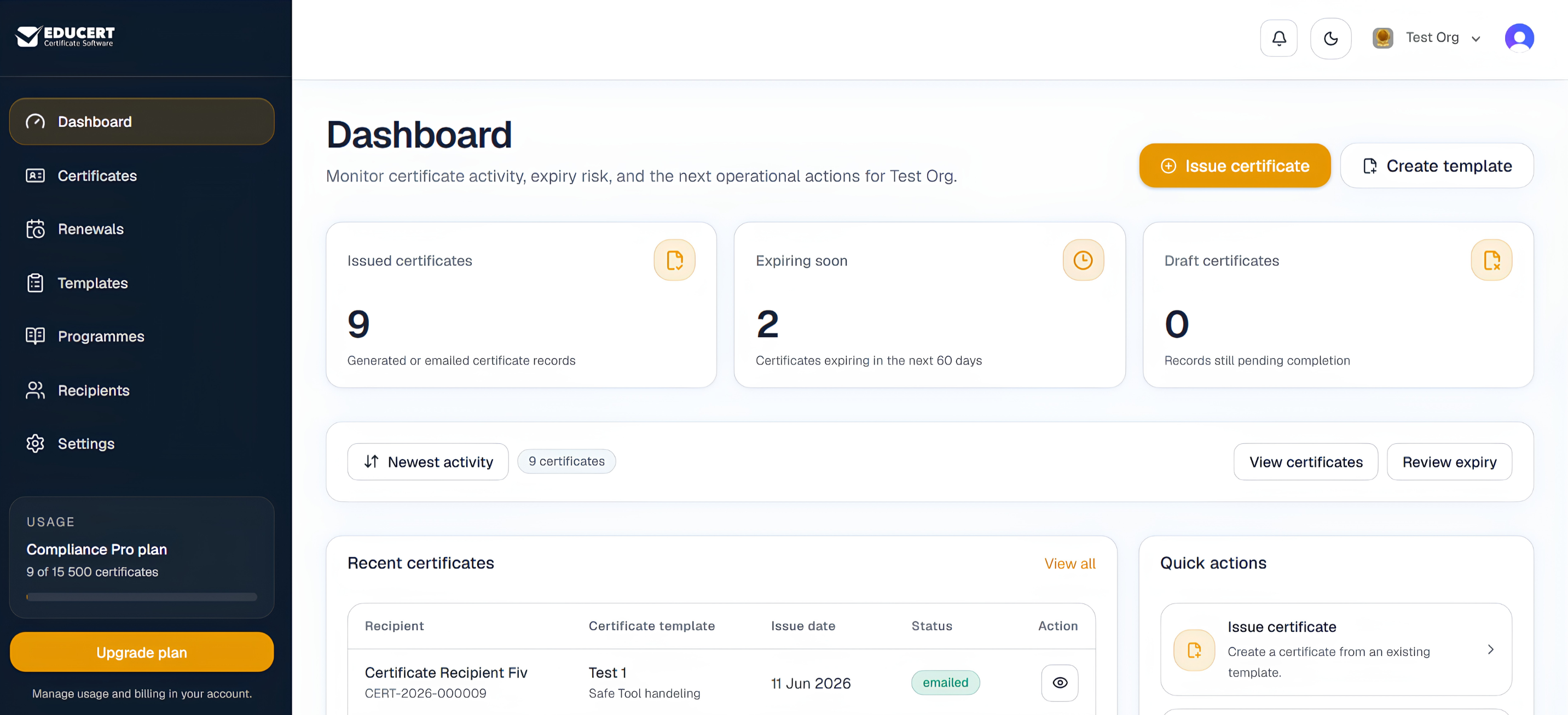 EDUCERT dashboard