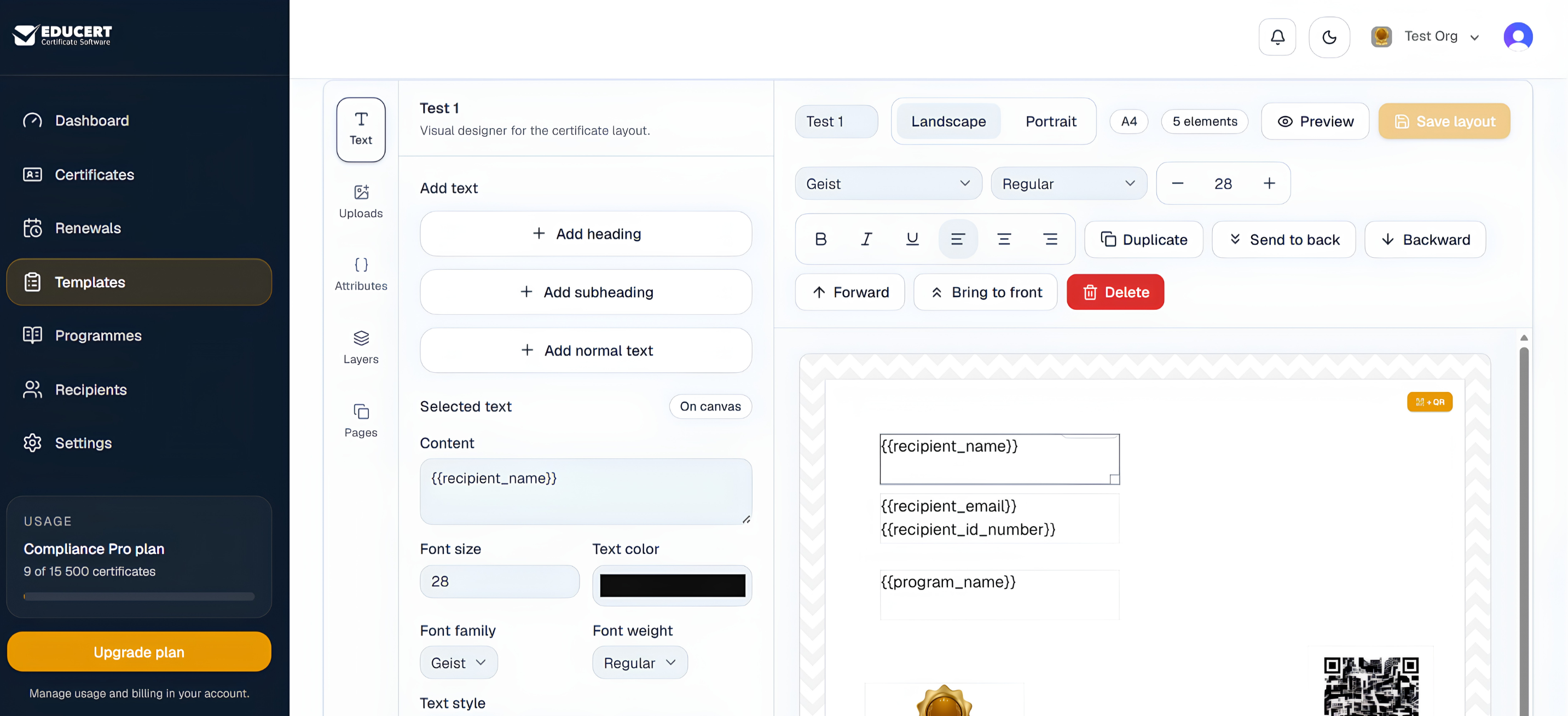 Template designer with text controls, certificate fields and QR code on the canvas